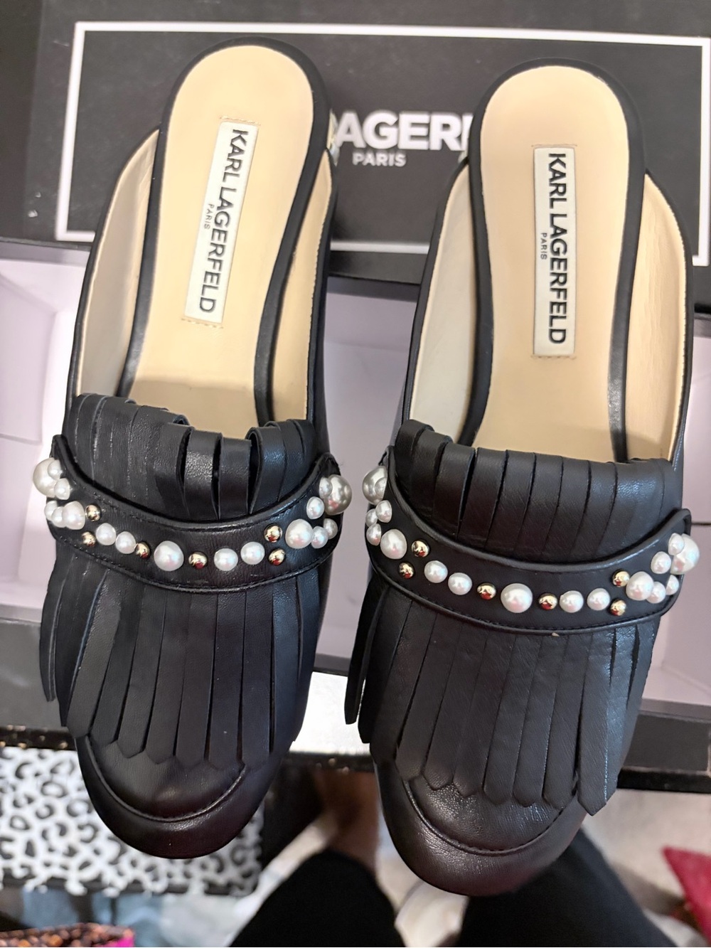 Karl Lagerfeld Black Pearl-Trim Fringe Mules